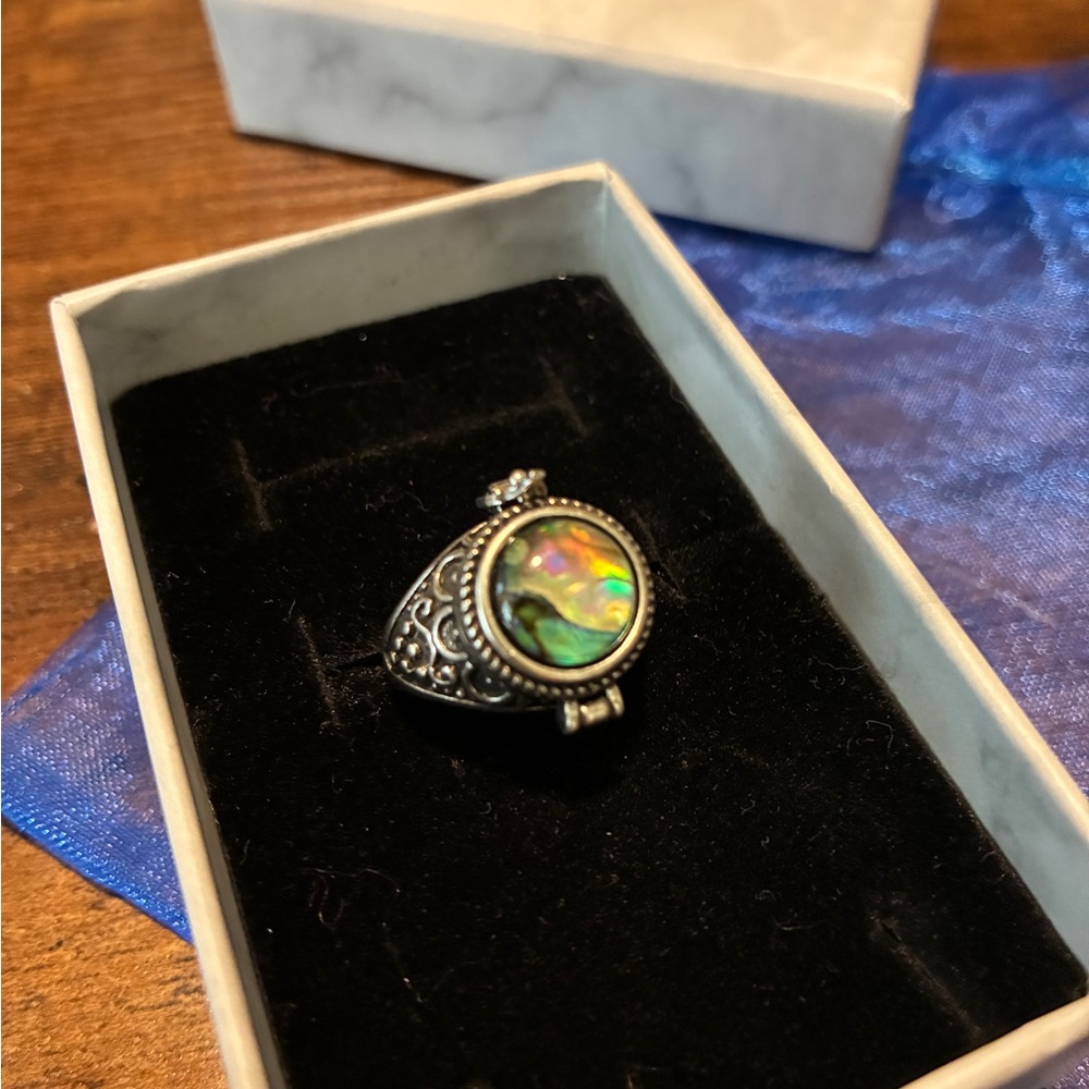 Vintage Abalone Shell Locket Ring in Iridescent Green